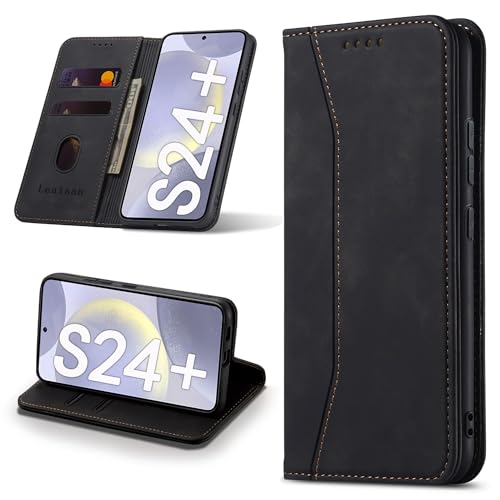 Leaisan Handyhülle für Samsung Galaxy S24 Plus/S24+ Hülle Premium Leder Flip Klappbare Stoßfeste Magnetische [Standfunktion] [Kartenfächern] Schutzhülle für Samsung S24 Plus 5G Tasche - Schwarz von Leaisan