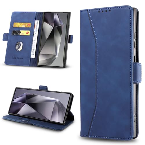 Leaisan Handyhülle für Samsung Galaxy S24 Ultra Hülle Premium Leder Flip Klappbare Stoßfeste Magnetische [Standfunktion] [Kartenfächern] Schutzhülle Samsung S24 Ultra 5G Tasche - Blau von Leaisan