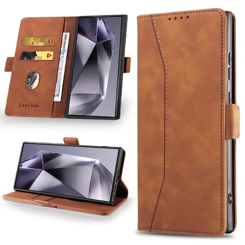 Leaisan Handyhülle für Samsung Galaxy S24 Ultra Hülle Premium Leder Flip Klappbare Stoßfeste Magnetische [Standfunktion] [Kartenfächern] Schutzhülle Samsung S24 Ultra 5G Tasche - Braun von Leaisan