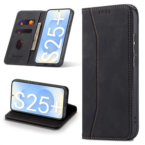 Leaisan Handyhülle für Samsung Galaxy S25 Plus 5G Hülle Premium Leder Flip Klappbare Stoßfeste Magnetische [Standfunktion] [Kartenfächern] Schutzhülle für Samsung S25 Plus 5G Tasche - Schwarz von Leaisan
