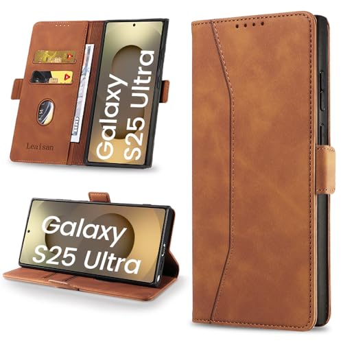 Leaisan Handyhülle für Samsung Galaxy S25 Ultra 5G Hülle Premium Leder Flip Klappbare Stoßfeste Magnetische [Standfunktion] [Kartenfächern] Schutzhülle Tasche - Braun von Leaisan