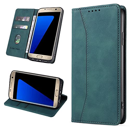 Leaisan Handyhülle für Samsung Galaxy S7 Hülle Premium Leder Flip Klappbare Stoßfeste Magnetische [Standfunktion] [Kartenfächern] Schutzhülle für Samsung Galaxy S7 Tasche - Malachitgrün von Leaisan