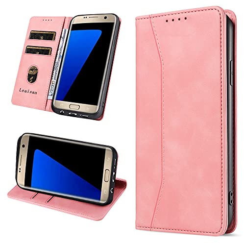 Leaisan Handyhülle für Samsung Galaxy S7 Hülle Premium Leder Flip Klappbare Stoßfeste Magnetische [Standfunktion] [Kartenfächern] Schutzhülle für Samsung Galaxy S7 Tasche - Rose Gold von Leaisan