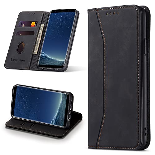 Leaisan Handyhülle für Samsung Galaxy S8 Hülle Premium Leder Flip Klappbare Stoßfeste Magnetische [Standfunktion] [Kartenfächern] Schutzhülle für Samsung Galaxy S8 Tasche - Schwarz von Leaisan