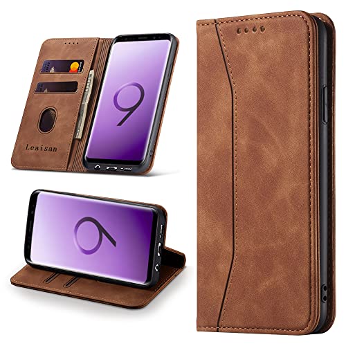 Leaisan Handyhülle für Samsung Galaxy S9 Hülle Premium Leder Flip Klappbare Stoßfeste Magnetische [Standfunktion] [Kartenfächern] Schutzhülle für Samsung Galaxy S9 Tasche - Braun von Leaisan