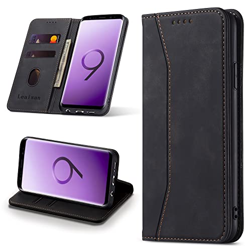 Leaisan Handyhülle für Samsung Galaxy S9 Hülle Premium Leder Flip Klappbare Stoßfeste Magnetische [Standfunktion] [Kartenfächern] Schutzhülle für Samsung Galaxy S9 Tasche - Schwarz von Leaisan