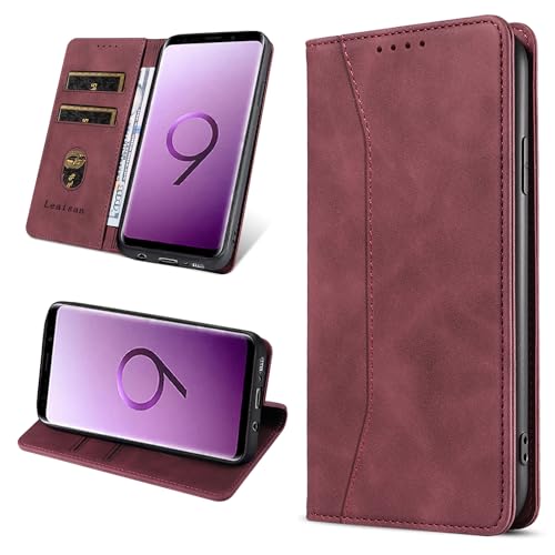 Leaisan Handyhülle für Samsung Galaxy S9 Hülle Premium Leder Flip Klappbare Stoßfeste Magnetische [Standfunktion] [Kartenfächern] Schutzhülle für Samsung Galaxy S9 Tasche - Wein Rot von Leaisan