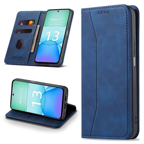 Leaisan Handyhülle für Xiaomi Redmi 13 4G Hülle Premium Leder Flip Klappbare Stoßfeste Magnetische [Standfunktion] [Kartenfächern] Schutzhülle für Redmi 13 4G Tasche - Blau von Leaisan