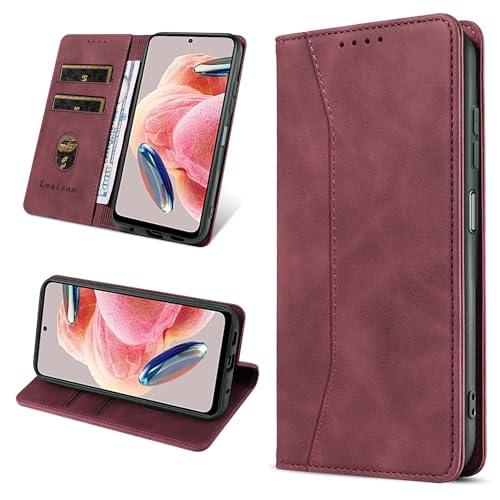 Leaisan Handyhülle für Xiaomi Redmi Note 12 4G Hülle Premium Leder Flip Klappbare Stoßfeste Magnetische [Standfunktion] [Kartenfächern] Schutzhülle für Redmi Note 12 4G Tasche - Wein Rot von Leaisan