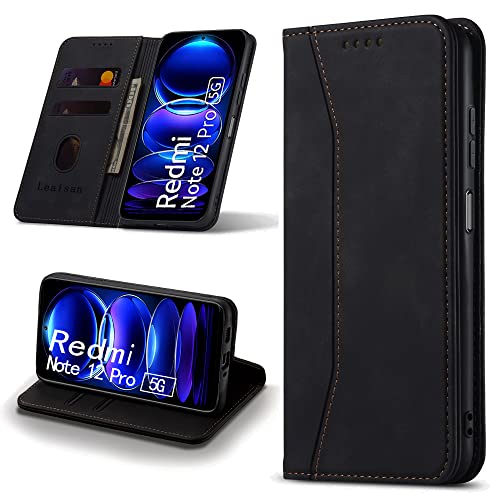 Leaisan Handyhülle für Xiaomi Redmi Note 12 Pro 5G Hülle Premium Leder Flip Klappbare Stoßfeste Magnetische [Standfunktion] [Kartenfächern] Schutzhülle für Redmi Note 12 Pro 5G Tasche - Schwarz von Leaisan