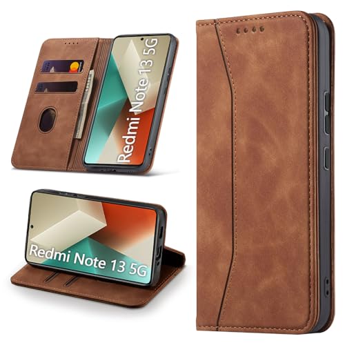 Leaisan Handyhülle für Xiaomi Redmi Note 13 5G Hülle Premium Leder Flip Klappbare Stoßfeste Magnetische [Standfunktion] [Kartenfächern] Schutzhülle für Redmi Note 13 5G Tasche - Braun von Leaisan