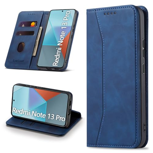 Leaisan Handyhülle für Xiaomi Redmi Note 13 Pro 5G, für Xiaomi Poco X6 5G Hülle Premium Leder Flip Klappbare Stoßfeste Magnetische [Standfunktion] [Kartenfächern] Schutzhülle Tasche - Blau von Leaisan