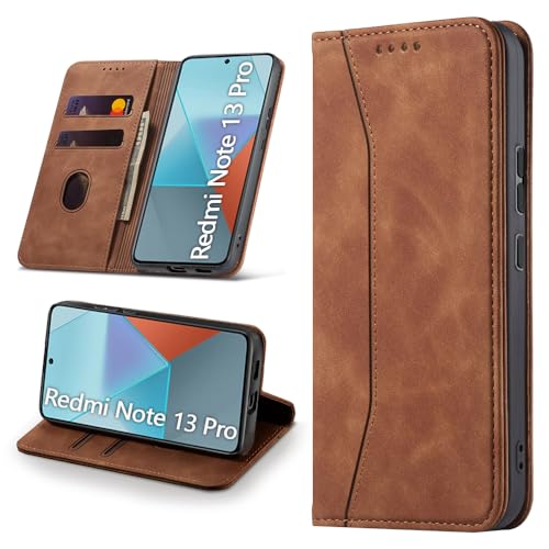 Leaisan Handyhülle für Xiaomi Redmi Note 13 Pro 5G, für Xiaomi Poco X6 5G Hülle Premium Leder Flip Klappbare Stoßfeste Magnetische [Standfunktion] [Kartenfächern] Schutzhülle Tasche - Braun von Leaisan