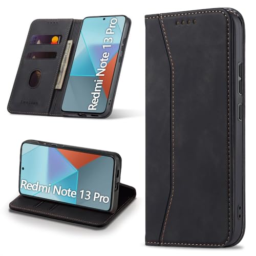 Leaisan Handyhülle für Xiaomi Redmi Note 13 Pro 5G, für Xiaomi Poco X6 5G Hülle Premium Leder Flip Klappbare Stoßfeste Magnetische [Standfunktion] [Kartenfächern] Schutzhülle Tasche - Schwarz von Leaisan