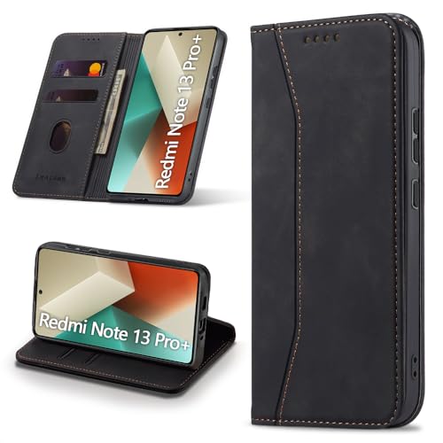 Leaisan Handyhülle für Xiaomi Redmi Note 13 Pro Plus 5G Hülle Premium Leder Flip Klappbare Stoßfeste Magnetische [Standfunktion] [Kartenfächern] Schutzhülle Tasche - Schwarz von Leaisan