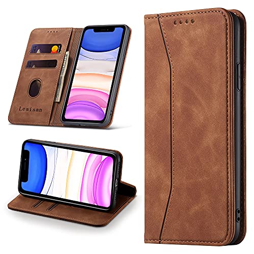 Leaisan Handyhülle für iPhone 11 Hülle Premium Leder Flip Klappbare Stoßfeste Magnetische [Standfunktion] [Kartenfächern] Schutzhülle für iPhone 11 Tasche - Braun von Leaisan