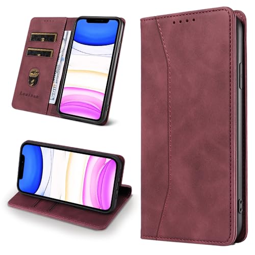 Leaisan Handyhülle für iPhone 11 Hülle Premium Leder Flip Klapphülle Stoßfeste Magnetische [Standfunktion] [Kartenfächern] Schutzhülle für iPhone 11 Tasche - Wein Rot von Leaisan