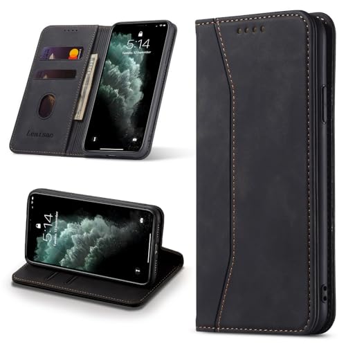Leaisan Handyhülle für iPhone 11 Pro Max Hülle Premium Leder Flip Klappbare Stoßfeste Magnetische [Standfunktion] [Kartenfächern] Schutzhülle für iPhone 11 Pro Max Tasche - Schwarz von Leaisan