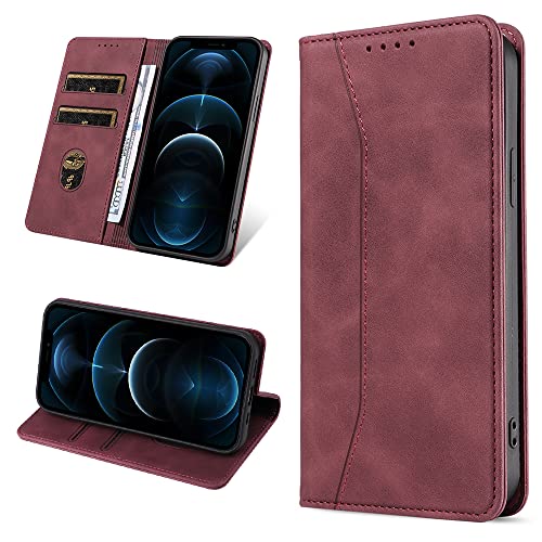 Leaisan Handyhülle für iPhone 12/iPhone 12 Pro Hülle Premium Leder Flip Klappbare Stoßfeste Magnetische [Standfunktion] [Kartenfächern] Schutzhülle für iPhone 12/iPhone 12 Pro Tasche - Wein Rot von Leaisan