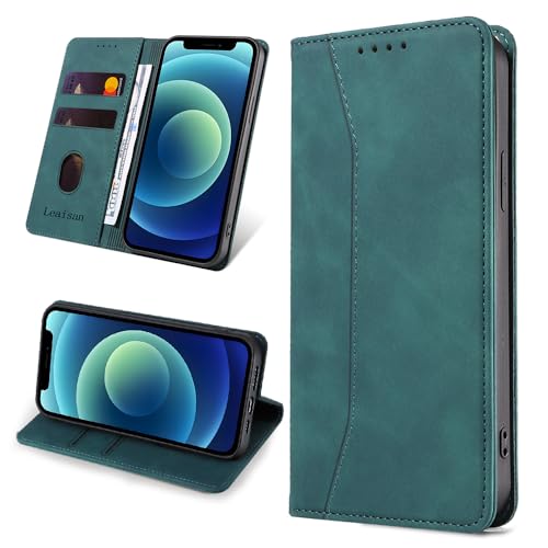 Leaisan Handyhülle für iPhone 12 Mini Hülle Premium Leder Flip Klappbare Stoßfeste Magnetische [Standfunktion] [Kartenfächern] Schutzhülle für iPhone 12 Mini Tasche - Malachitgrün von Leaisan
