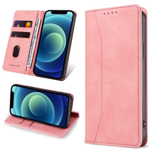 Leaisan Handyhülle für iPhone 12 Mini Hülle Premium Leder Flip Klappbare Stoßfeste Magnetische [Standfunktion] [Kartenfächern] Schutzhülle für iPhone 12 Mini Tasche - Rose Gold von Leaisan