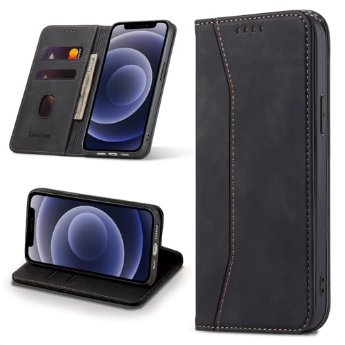 Leaisan Handyhülle für iPhone 12 Mini Hülle Premium Leder Flip Klappbare Stoßfeste Magnetische [Standfunktion] [Kartenfächern] Schutzhülle für iPhone 12 Mini Tasche - Schwarz von Leaisan