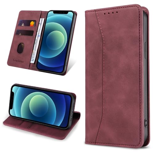 Leaisan Handyhülle für iPhone 12 Mini Hülle Premium Leder Flip Klappbare Stoßfeste Magnetische [Standfunktion] [Kartenfächern] Schutzhülle für iPhone 12 Mini Tasche - Wein Rot von Leaisan