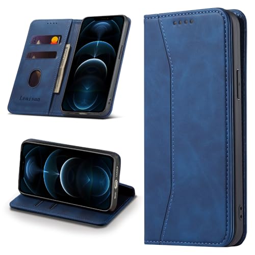 Leaisan Handyhülle für iPhone 12 Pro Max Hülle Premium Leder Flip Klappbare Stoßfeste Magnetische [Standfunktion] [Kartenfächern] Schutzhülle für iPhone 12 Pro Max Tasche - Blau von Leaisan