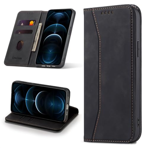 Leaisan Handyhülle für iPhone 12 Pro Max Hülle Premium Leder Flip Klappbare Stoßfeste Magnetische [Standfunktion] [Kartenfächern] Schutzhülle für iPhone 12 Pro Max Tasche - Schwarz von Leaisan