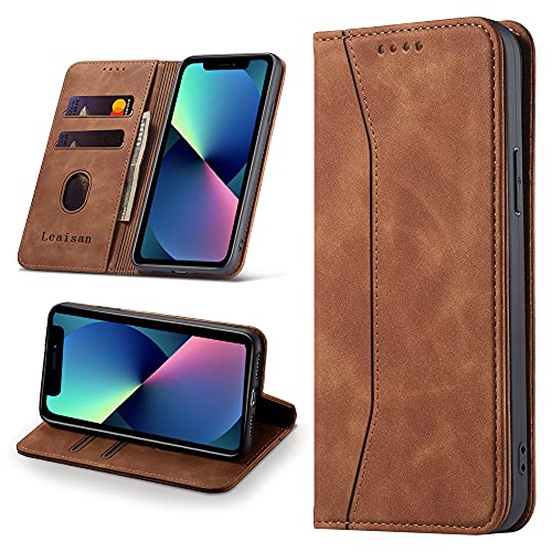 Leaisan Handyhülle für iPhone 13 Hülle Premium Leder Flip Klappbare Stoßfeste Magnetische [Standfunktion] [Kartenfächern] Schutzhülle Tasche - Braun von Leaisan