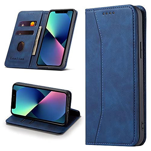 Leaisan Handyhülle für iPhone 13 Hülle Premium Leder Flip Klappbare Stoßfeste Magnetische [Standfunktion] [Kartenfächern] Schutzhülle für iPhone 13 Tasche - Blau von Leaisan