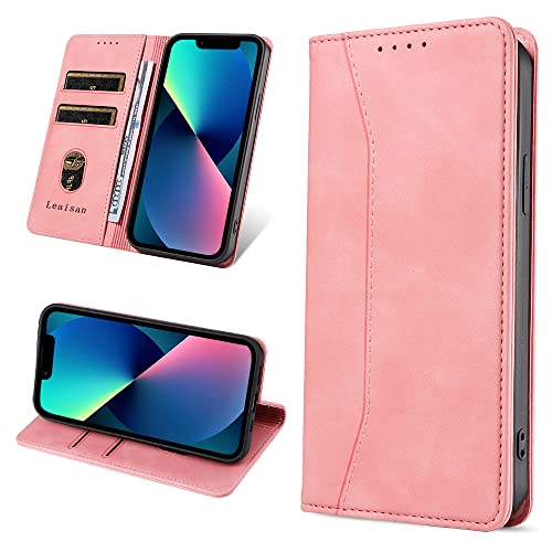 Leaisan Handyhülle für iPhone 13 Hülle Premium Leder Flip Klappbare Stoßfeste Magnetische [Standfunktion] [Kartenfächern] Schutzhülle für iPhone 13 Tasche - Rose Gold von Leaisan