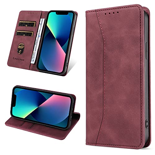 Leaisan Handyhülle für iPhone 13 Hülle Premium Leder Flip Klappbare Stoßfeste Magnetische [Standfunktion] [Kartenfächern] Schutzhülle für iPhone 13 Tasche - Wein Rot von Leaisan