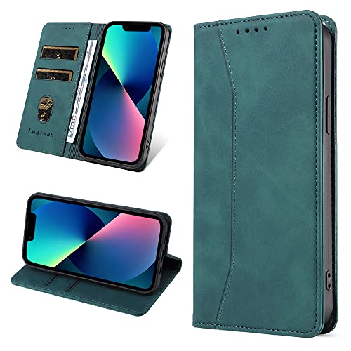 Leaisan Handyhülle für iPhone 13 Mini Hülle Premium Leder Flip Klappbare Stoßfeste Magnetische [Standfunktion] [Kartenfächern] Schutzhülle für iPhone 13 Mini Tasche - Malachitgrün von Leaisan