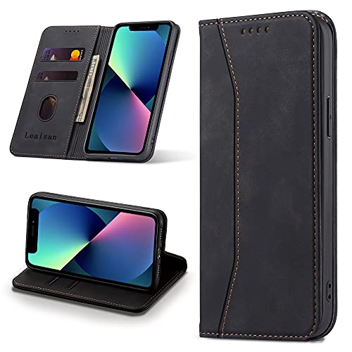 Leaisan Handyhülle für iPhone 13 Mini Hülle Premium Leder Flip Klappbare Stoßfeste Magnetische [Standfunktion] [Kartenfächern] Schutzhülle für iPhone 13 Mini Tasche - Schwarz von Leaisan