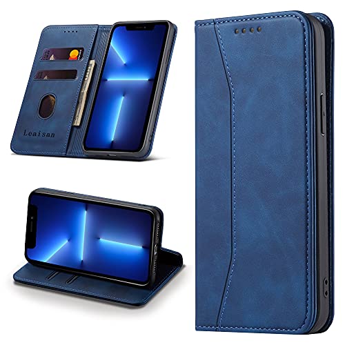 Leaisan Handyhülle für iPhone 13 Pro Hülle Premium Leder Flip Klappbare Stoßfeste Magnetische [Standfunktion] [Kartenfächern] Schutzhülle für iPhone 13 Pro 5G (6,1 Zoll) Tasche - Blau von Leaisan