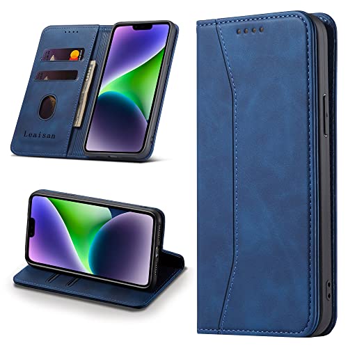 Leaisan Handyhülle für iPhone 14 Hülle Premium Leder Flip Klappbare Stoßfeste Magnetische [Standfunktion] [Kartenfächern] Schutzhülle für iPhone 14 5G (6,1 Zoll) Tasche - Blau von Leaisan