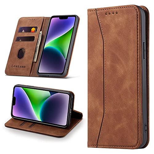 Leaisan Handyhülle für iPhone 14 Plus Hülle Premium Leder Flip Klappbare Stoßfeste Magnetische [Standfunktion] [Kartenfächern] Schutzhülle für iPhone 14 Plus 5G (6,7 Zoll) Tasche - Braun von Leaisan