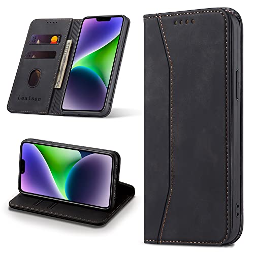 Leaisan Handyhülle für iPhone 14 Plus Hülle Premium Leder Flip Klappbare Stoßfeste Magnetische [Standfunktion] [Kartenfächern] Schutzhülle für iPhone 14 Plus 5G (6,7 Zoll) Tasche - Schwarz von Leaisan