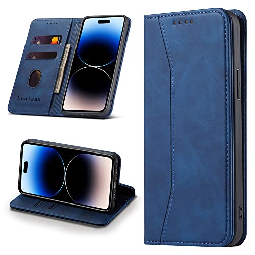 Leaisan Handyhülle für iPhone 14 Pro Hülle Premium Leder Flip Klappbare Stoßfeste Magnetische [Standfunktion] [Kartenfächern] Schutzhülle für iPhone 14 Pro 5G Tasche - Blau von Leaisan