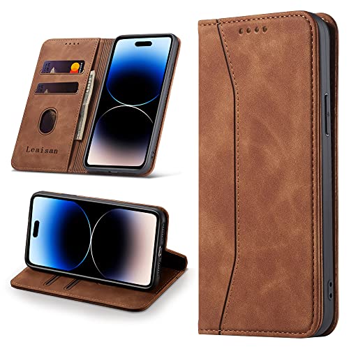 Leaisan Handyhülle für iPhone 14 Pro Hülle Premium Leder Flip Klappbare Stoßfeste Magnetische [Standfunktion] [Kartenfächern] Schutzhülle für iPhone 14 Pro 5G Tasche - Braun von Leaisan