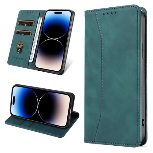 Leaisan Handyhülle für iPhone 14 Pro Hülle Premium Leder Flip Klappbare Stoßfeste Magnetische [Standfunktion] [Kartenfächern] Schutzhülle für iPhone 14 Pro 5G Tasche - Malachitgrün von Leaisan