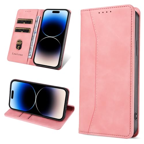 Leaisan Handyhülle für iPhone 14 Pro Hülle Premium Leder Flip Klappbare Stoßfeste Magnetische [Standfunktion] [Kartenfächern] Schutzhülle für iPhone 14 Pro 5G Tasche - Rose Gold von Leaisan