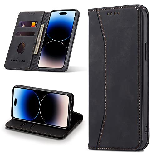 Leaisan Handyhülle für iPhone 14 Pro Hülle Premium Leder Flip Klappbare Stoßfeste Magnetische [Standfunktion] [Kartenfächern] Schutzhülle für iPhone 14 Pro 5G Tasche - Schwarz von Leaisan