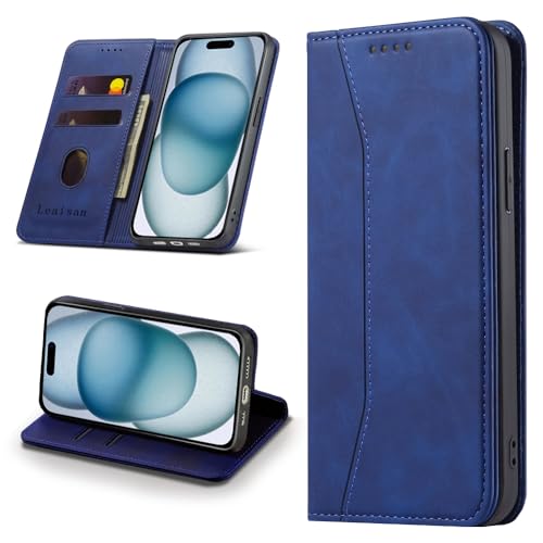 Leaisan Handyhülle für iPhone 15 Hülle Premium Leder Flip Klappbare Stoßfeste Magnetische [Standfunktion] [Kartenfächern] Schutzhülle für iPhone 15 5G (6,1 Zoll) Tasche - Blau von Leaisan