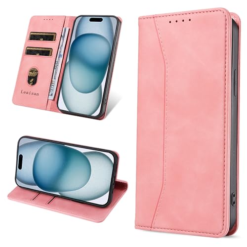 Leaisan Handyhülle für iPhone 15 Hülle Premium Leder Flip Klappbare Stoßfeste Magnetische [Standfunktion] [Kartenfächern] Schutzhülle für iPhone 15 5G (6,1 Zoll) Tasche - Rose Gold von Leaisan