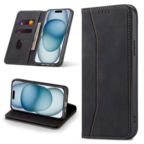 Leaisan Handyhülle für iPhone 15 Hülle Premium Leder Flip Klappbare Stoßfeste Magnetische [Standfunktion] [Kartenfächern] Schutzhülle für iPhone 15 5G (6,1 Zoll) Tasche - Schwarz von Leaisan