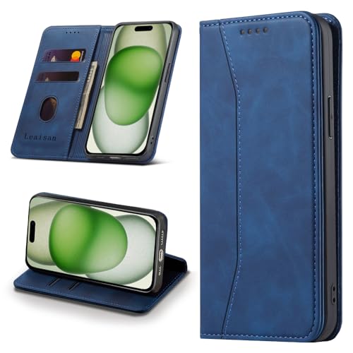 Leaisan Handyhülle für iPhone 15 Plus Hülle Premium Leder Flip Klappbare Stoßfeste Magnetische [Standfunktion] [Kartenfächern] Schutzhülle für iPhone 15 Plus 5G (6,7 Zoll) Tasche - Blau von Leaisan