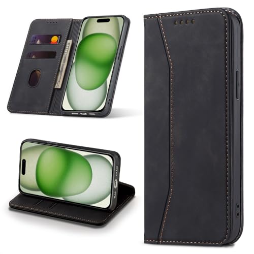 Leaisan Handyhülle für iPhone 15 Plus Hülle Premium Leder Flip Klappbare Stoßfeste Magnetische [Standfunktion] [Kartenfächern] Schutzhülle für iPhone 15 Plus 5G (6,7 Zoll) Tasche - Schwarz von Leaisan