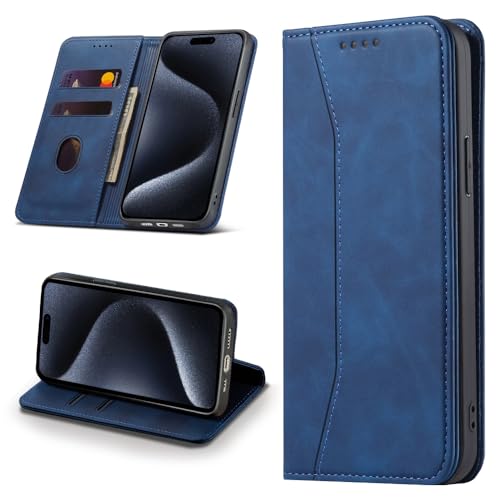 Leaisan Handyhülle für iPhone 15 Pro Hülle Premium Leder Flip Klappbare Stoßfeste Magnetische [Standfunktion] [Kartenfächern] Schutzhülle für iPhone 15 Pro 5G (6,1 Zoll) Tasche - Blau von Leaisan